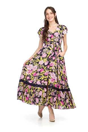 PD-16677 - FLORAL SHORT SLEEVE MAXI DRESS WITH ELASTIC WAIST AND LACE INSET DETAIL - Colors: AS SHOWN - Available Sizes:XS-XXL - Catalog Page:35 